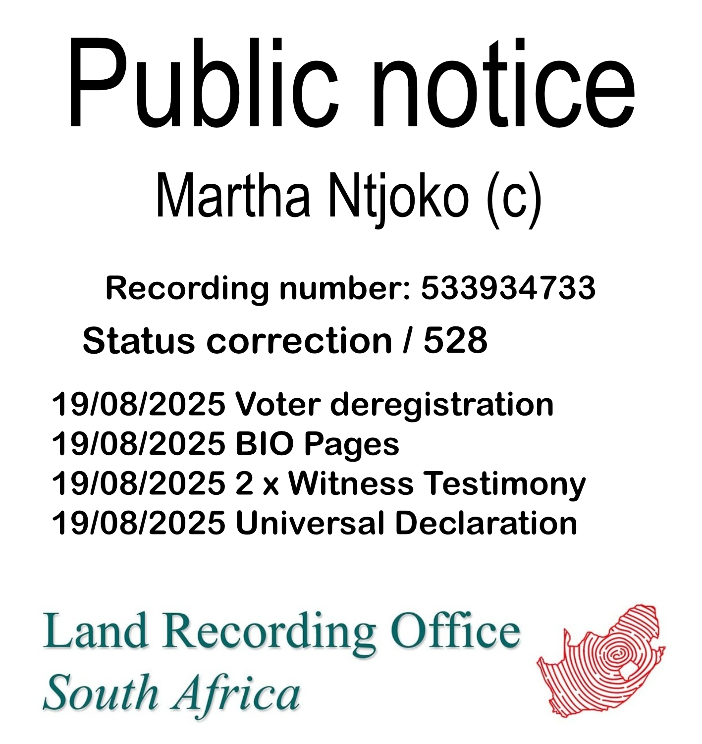 Public notice Martha Ntjoko (c) Recording number 533934733